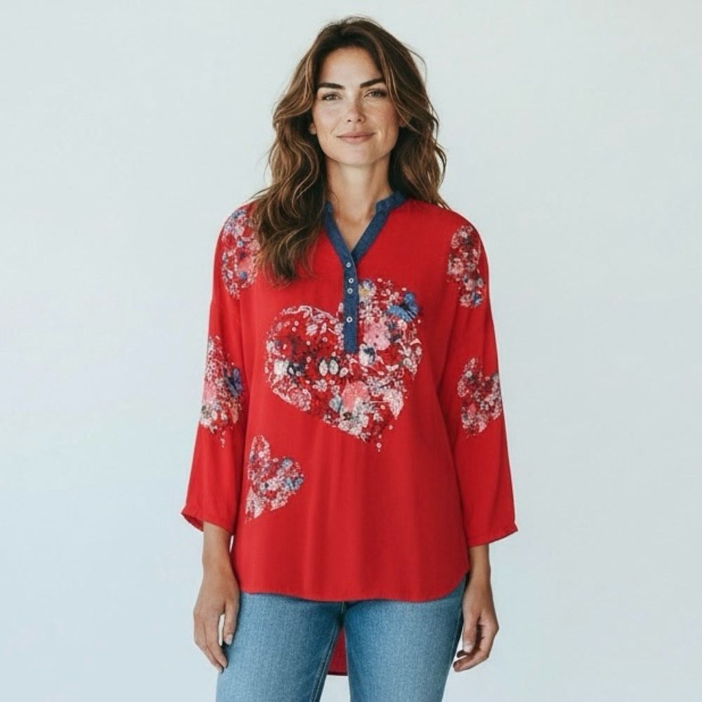 Desigual Red‎ with Floral Heart Print Long Sleeve Women's XS Tunic